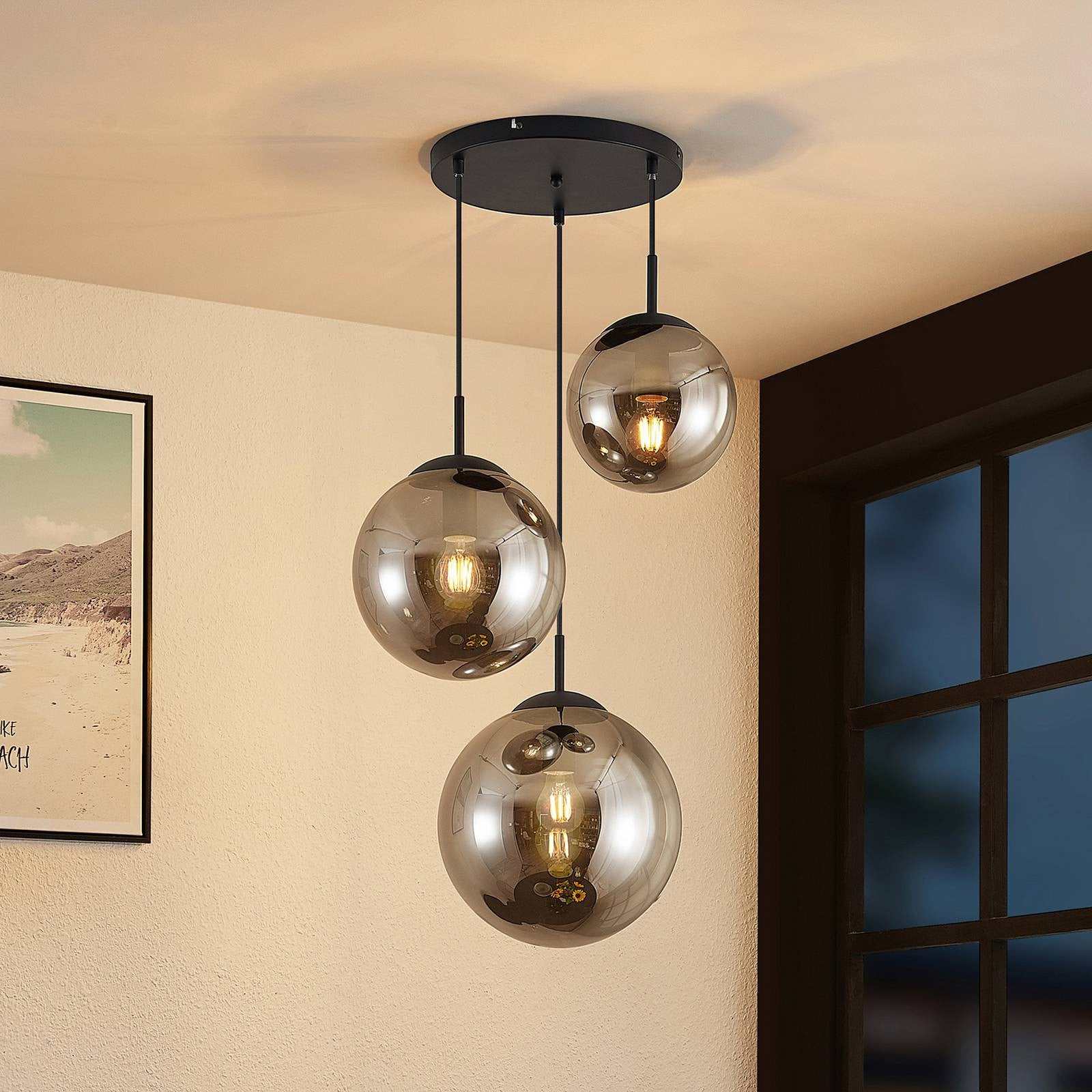 Lindby Glazen Hanglamp Teeja, Grijs/Transparant, Dimbaar, Vintage Design voor Woon- of Eetkamer