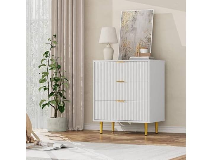GarveeLife Schmale Kommode Wellenfront 3 Schubladen Kippschutz Warmweiß Goldene Griffe für eine elegante Optik, mit Kippschutz für mehr Sicherheit in Schlafzimmer, Wohnzimmer und Flur