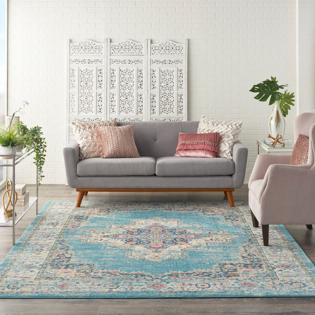 Mistana Geomar Passion Tufted Light Blue Rug Light Blue/Orange/Cream/Pink Rectangle 160 x 221cm