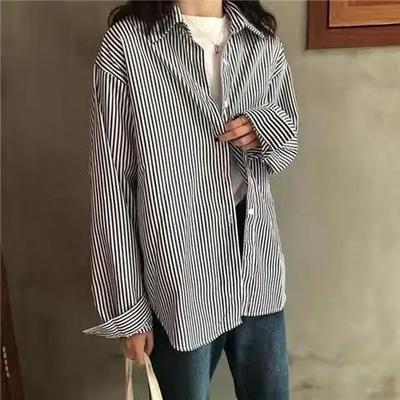 Uplift Picks Womens Blue Striped Oversized Shirt Retro Long Sleeve Striped Button Up Blouse black l