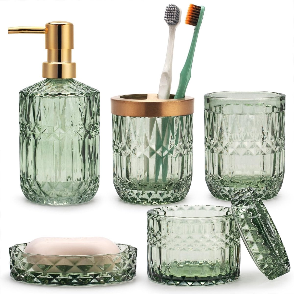 Omgoods 5-delige groene glazen badkameraccessoires set