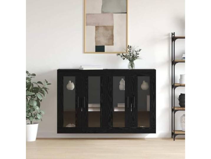 Jkghdrt Wandmontierter Schrank 2er Set Schwarz Eichen-Optik mit Glastüren 2 Stück, Wandmontage, Holzwerkstoff, Glastür, Eichendekor, Wohnzimmer, moderne Optik, staubgeschützt