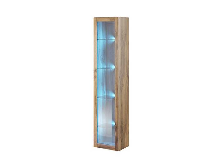 Furniture24 Hängevitrine Vigo Vitrine Vitrinenschrank Hängeschrank Wandvitrine Wandschrank mit 1 Tür Schrank Wohnzimmerschrank Grifflose, Push to Open (Wotan Eiche, Mit Blauer LED Beleuchtung)
