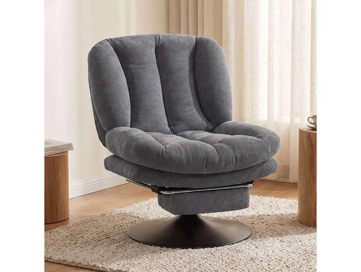 HOMCOM Fauteuil Salon Pivotant Repose-pieds Gris Foncé Lin