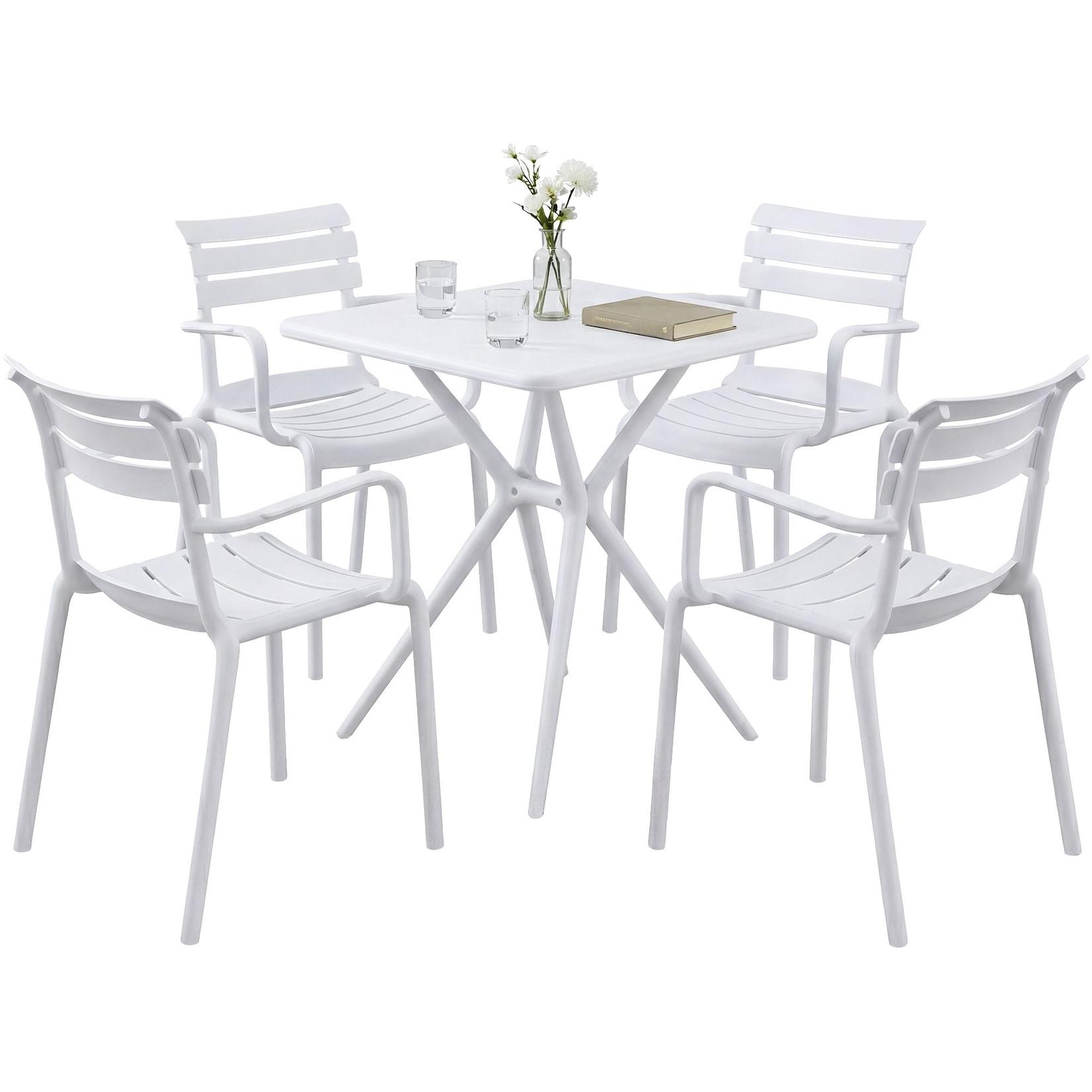 CLP Gartenmöbel-Set wetterfest Avena, mit 4 Stapelstühlen und quadratischem Esstisch 72x72cm, Sitzgruppe für Balkon, Terrasse und Garten
