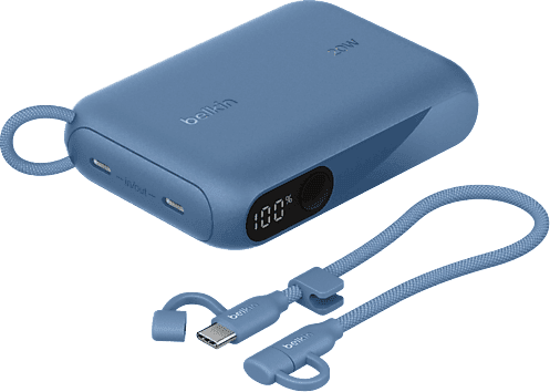 Powerbank - Belkin BoostCharge Batería externa 10K con pantalla, 10000 mAh, 2x USB-C, 20 W, Cable USB-C Extraíble, Azul