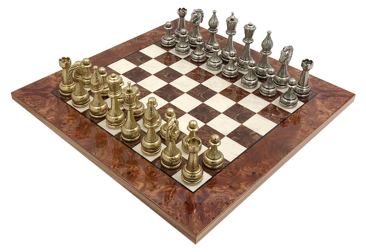 Schachspiel aus Metall, 42 cm - Zierfiguren, Spielbrett aus Ulmenholz