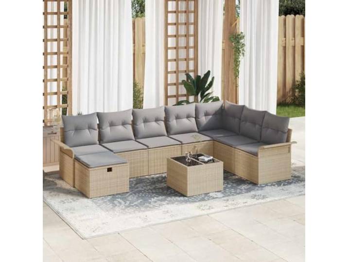 Modulares Poly Rattan Sofa mit Stauraum für Terrasse Balkon Beige 9 teilig Beige Poly Rattan Garten-Sofa-Set mit Kissen und Stauraum 9-teilig Modulares Lounge-Möbel-Set mit wasserfestem Sitzhocker für