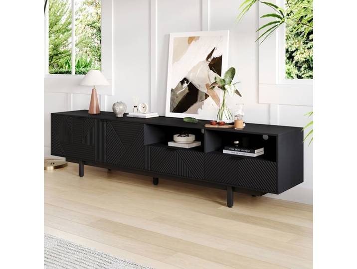 Meuble TV 200x40x51 cm avec rangement portes décor géométrique étagères ouvertes design bohème noir TV jusqu'à 90 pouces