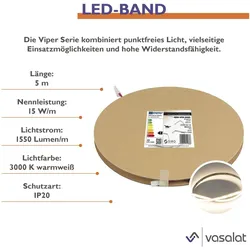 Vasalat, LED Streifen, LED Band 5m Set Led Streifen 15W/m 3000K, IP20, 24V/DC (Warmweiss, 500 cm, Indoor)