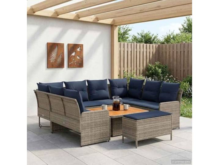 KTHLBRH Sofa-Set aus PE-Rattan, 7-teilig, Grau und Marineblau Massives Akazienholz, weiche Kissen, für Terrasse und Wohnzimmer, modernes Design