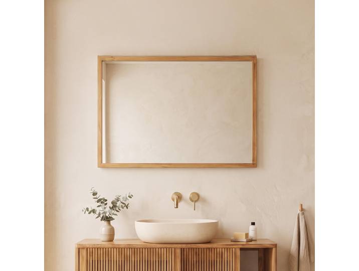 Grand miroir mural de salle de bain en bois massif de teck - Rhea