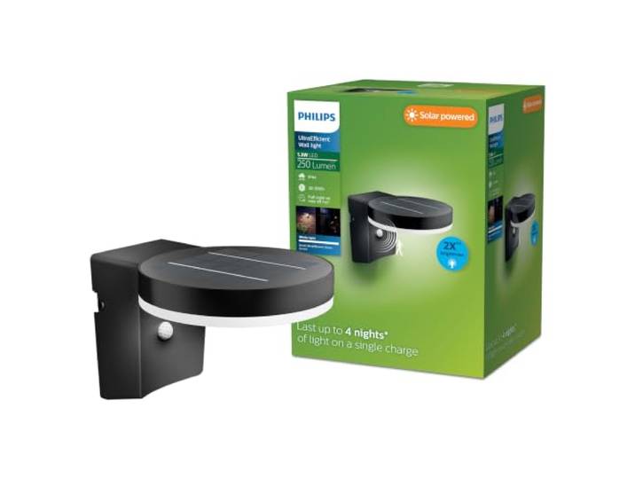 PHILIPS Outdoor Ultra-Efficient Solar Zonal Wandleuchte 1.3W, Tageslicht- und Bewegungssensor, rund, 3000 Kelvin, energiesparend, schwarz