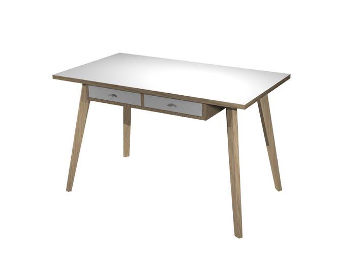 Bureau télétravail Marquize pieds bois massif 120 x 60 cm réhausse 2 tiroirs suspendus - Chêne naturel / Blanc