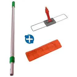 Trockenwischset bestehend aus drei Artikeln 40 cm Mop-Set 27 Klapphalter, Teleskopstiel und Microfaser Staubmop