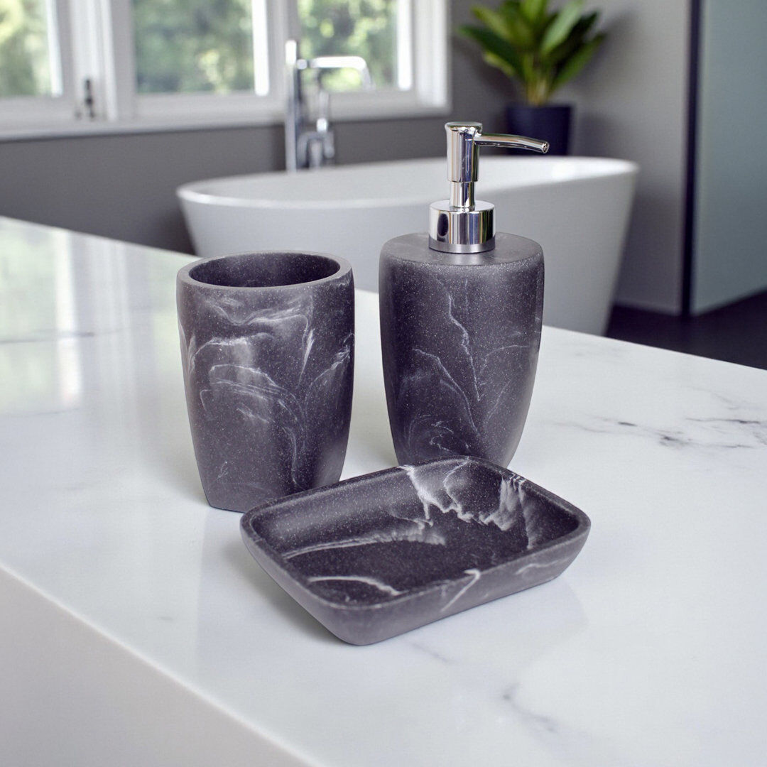 Metro Davontay Polyresin and Steel Bathroom Accessory Set Bathroom Tray Tumbler Grey 17.5cm H X 8.5cm W X 8cm D