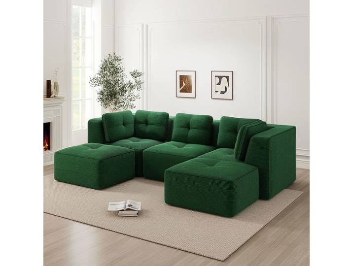 Canapé modulable - SOGEU - Canapé modulable avec ottomane - Vert - 3 places - Velours côtelé assise profonde