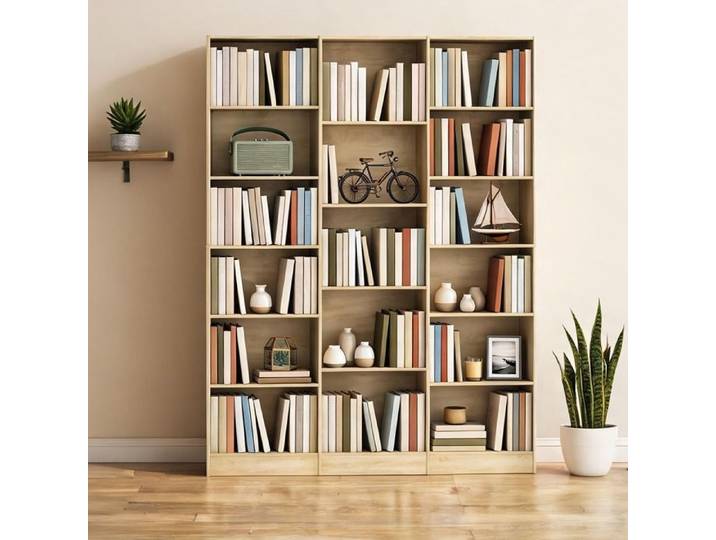 Bibliothèque 6 Niveaux en Panneaux de Particules Finition Chêne 149 cm de Large 17 Compartiments