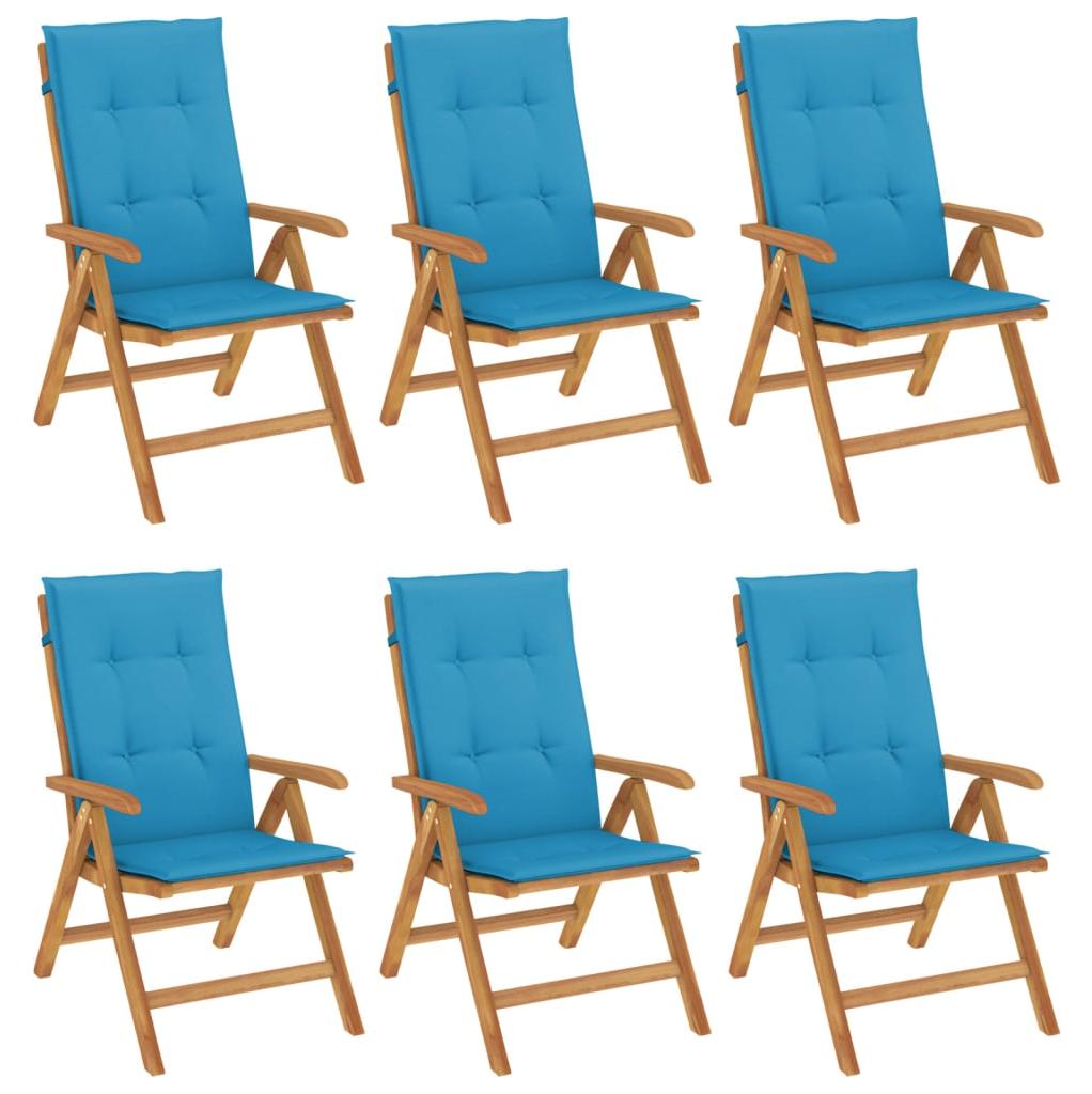 vidaXL 6-teiliges Set aus massivem Teakholz mit verstellbaren Klappstühlen und Kissen