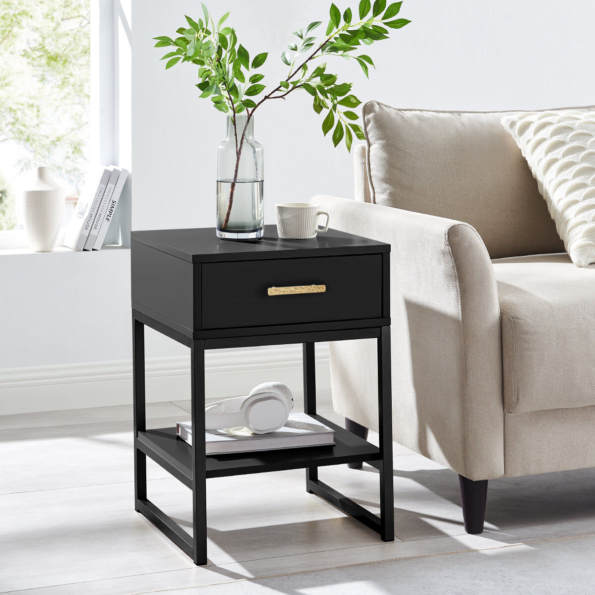 One Drawer Bedside Table - Luna Black Range Coated MDF, Metal