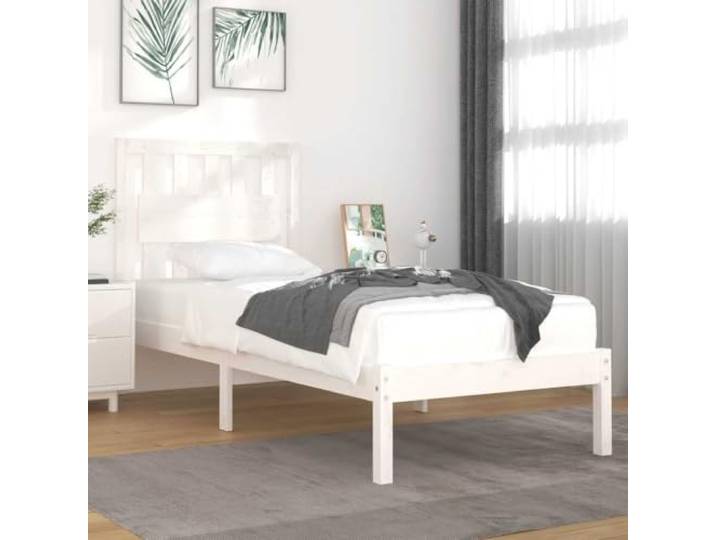 RJPLMFV Bettgestell aus massivem Kiefernholz, Weiß, 90 x 200 cm Ohne Matratze, Kopfteil inklusive, Lattenrost inklusive, robuste Struktur