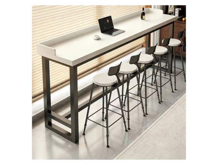 ZCXMNL Bartisch Mit Sperrkante, Massivholz-Höhentheke, Metallrahmen, Hohe Oberseite, Schmal, Lang, Kneipe, for Küche, Wohnzimmer, Café, Kleiner Raum(White,L180xW40xH105cm)