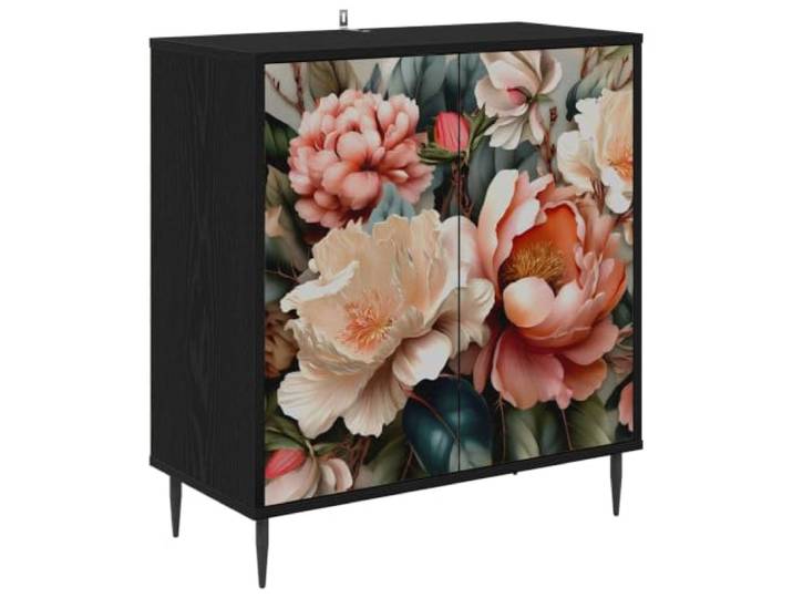 Fisinber Sideboard BORNE Schwarz Eichen-Optik Kommode 69x33x76 cm Moderne Anrichte für Wohnzimmer und Esszimmer mit 2 Türen, dekorativer Front und erhöhten Füßen gegen Feuchtigkeit.