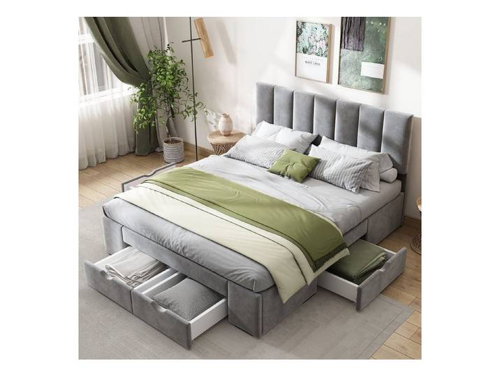 Flieks Polsterbett, Doppelbett Holzbett mit 4 Schubladen Samt 140x200cm