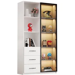 OKWISH Hochregal aus Spanplatte Weiß 80x40x160 cm mit Glastür, LED-Beleuchtung, 3 Schubladen