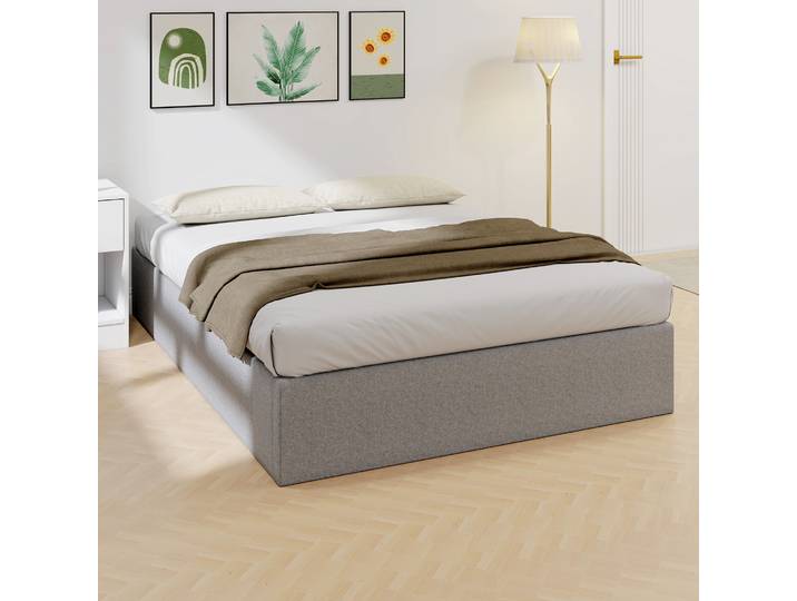 HOMCOM Lit Coffre 140x190cm Rembourré Bois Rangement Gris