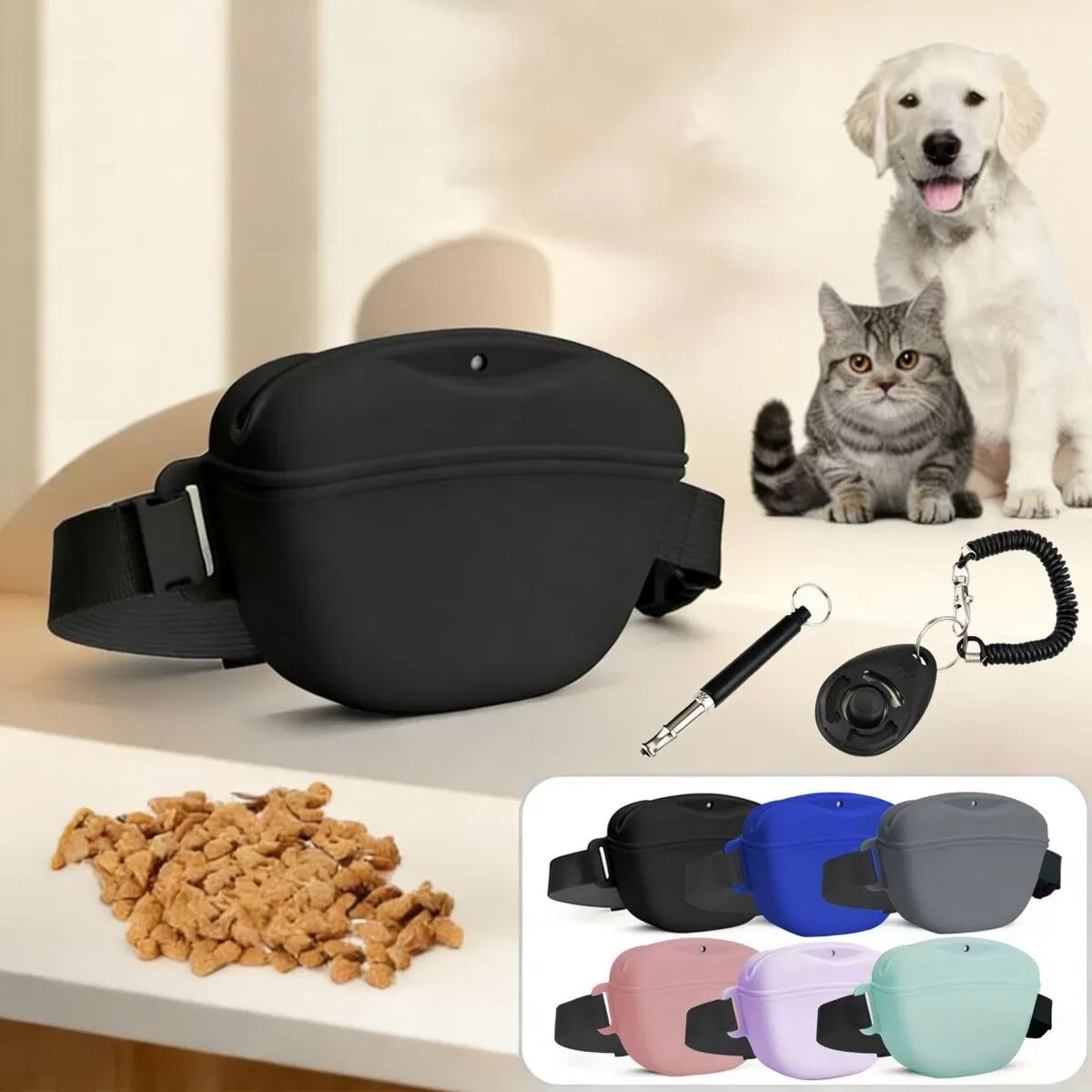 INF Hunde Trainings Leckerli Tasche mit Clicker - Tragbare Silikon Futterbeutel Schwarz