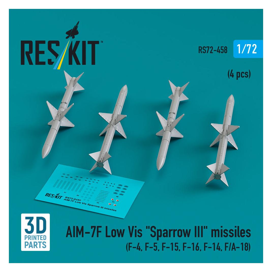 ResKit AIM-7F Low Vis Sparrow III missiles (4 pcs) (F-4, F-5, F-15, F-16, F-14, F/A-18) (3D Printed) (RS72-0458)