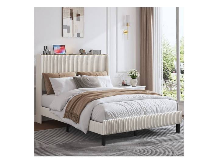 STILVORA Polsterbett 140x200 mit Stoffköpfchen,Jugendbett Bettgestell aus Cord-Stoff