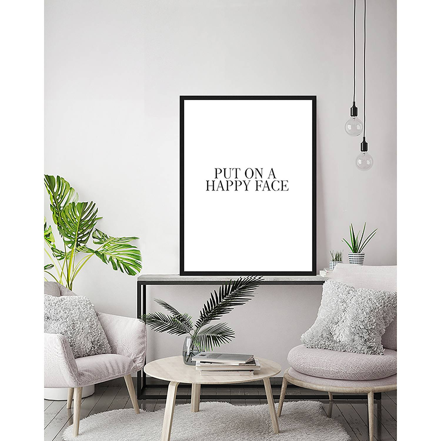 home24 Put on a happy face Wanddecoratie met zwart gelakt massief beukenhout en plexiglas, 63 x 83 cm