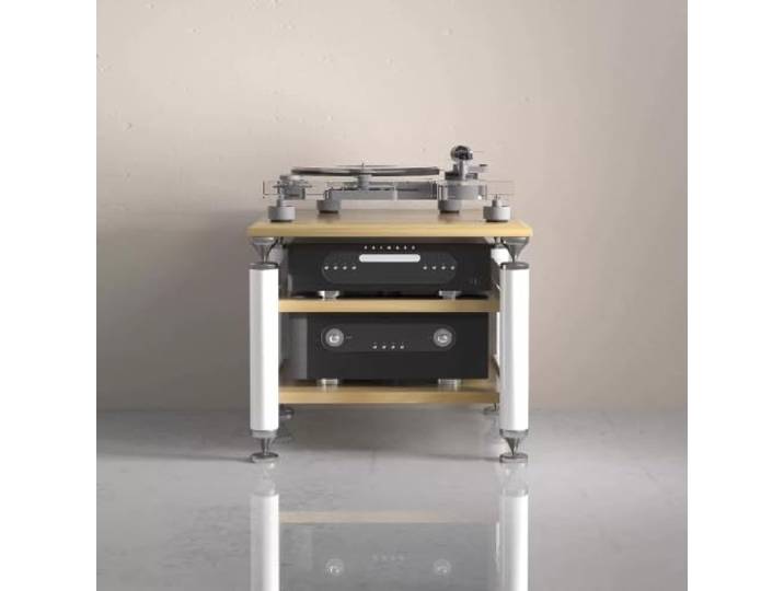 Modulares HIFI‑Audio‑Rack – Verstellbare Ablagen, Plattenspielerständer Mehrstöckiges Audio‑Regal, vielfältige Farben, schwingungsdämpfendes Design(White+Natural Wood,2‑Tier)