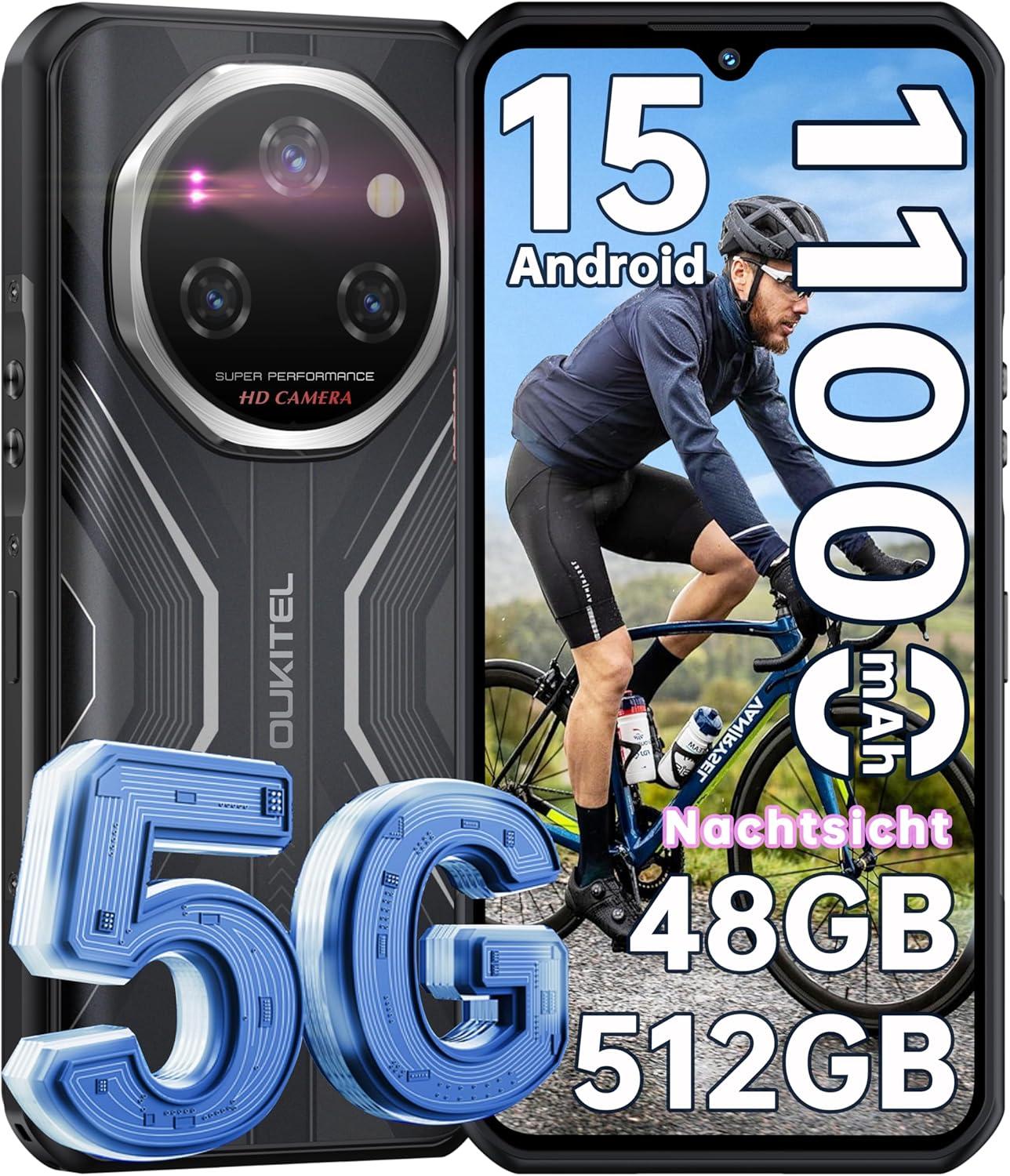 OUKITEL WP55 Pro 5G Android 15 Outdoor Handy 48GB+512GB/2TB 108MP+32MP 11000mAh/33W 6,6" FHD+ 120Hz Outdoor Smartphone IP68/NFC/OTG/GPS, Schwarz