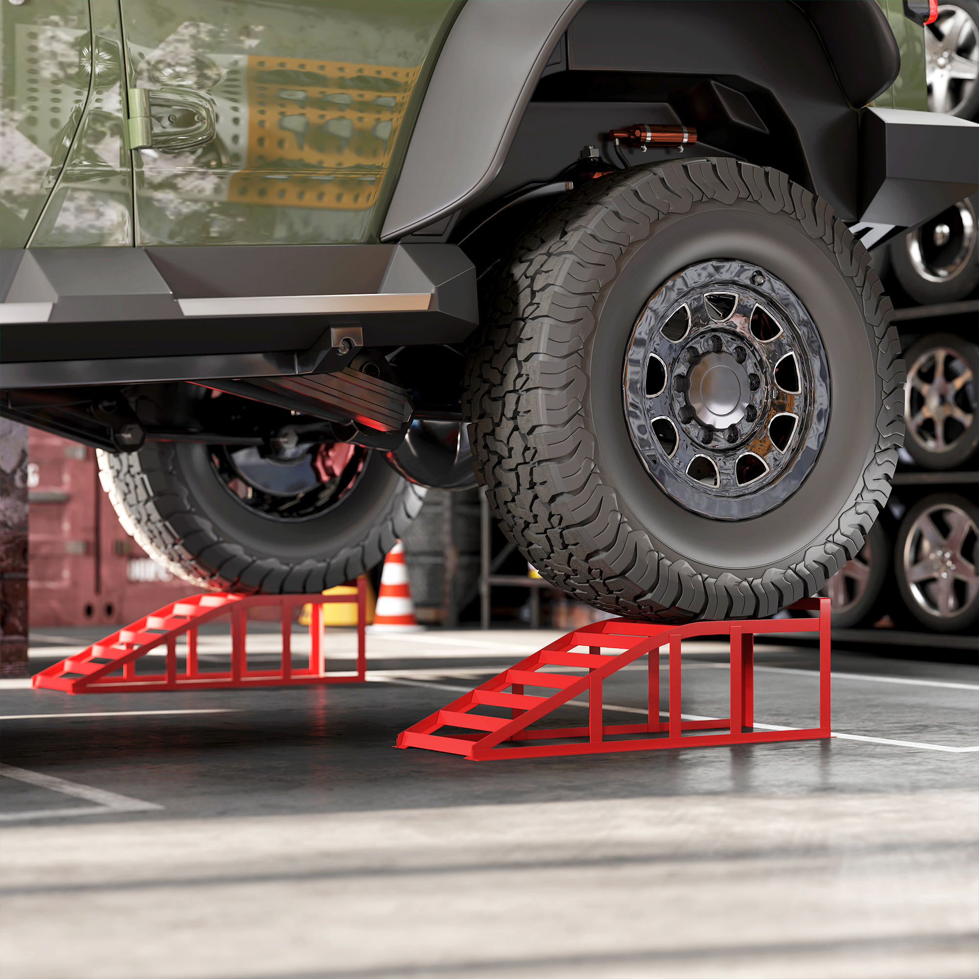 Homcom Set di 2 Rampe per Auto in Acciaio, Antiscivolo, per Manutenzione e Riparazione Veicoli, Ideali per Garage, Casa, Officina, Rosso   Aosom Italy