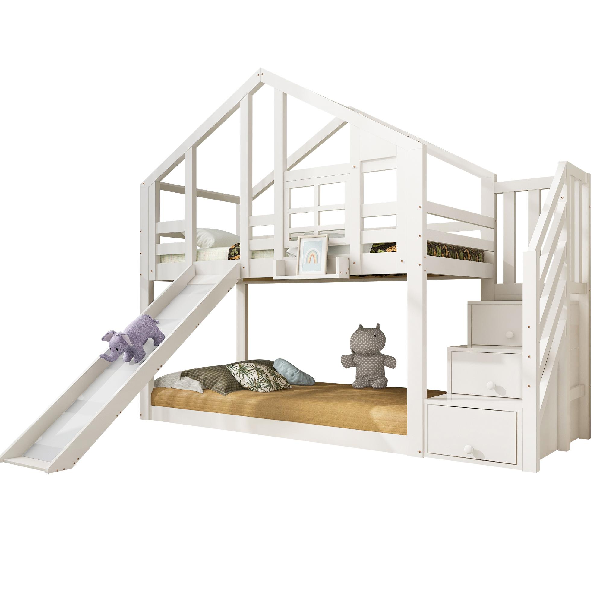 Kinderbett Baumhaus 90 x 200 cm, Weiß, ohne Matratze, mit Rutsche und Rausfallschutz