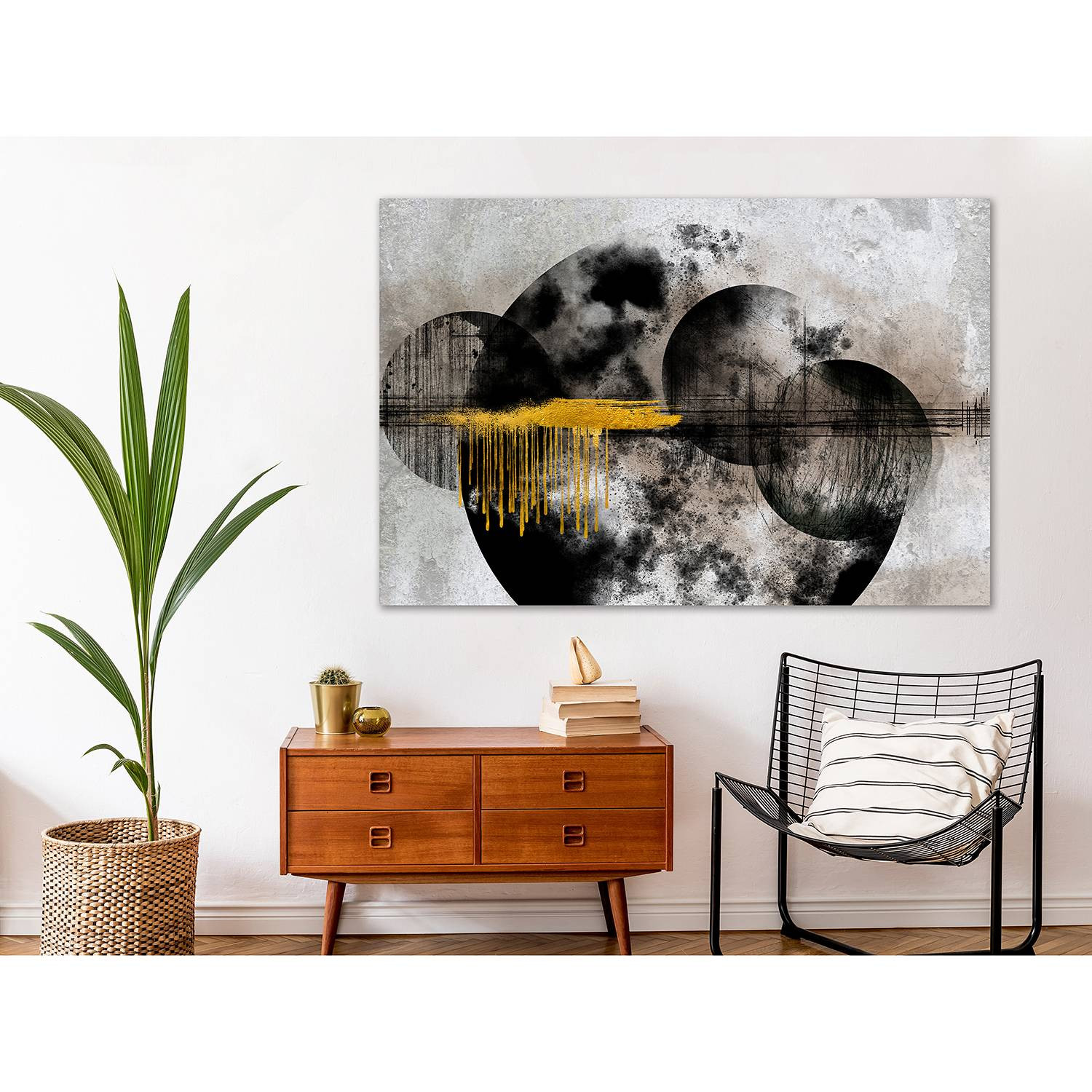 home24 Noble Moon abstracte wanddecoratie zwart linnen B: 90 cm, H: 60 cm