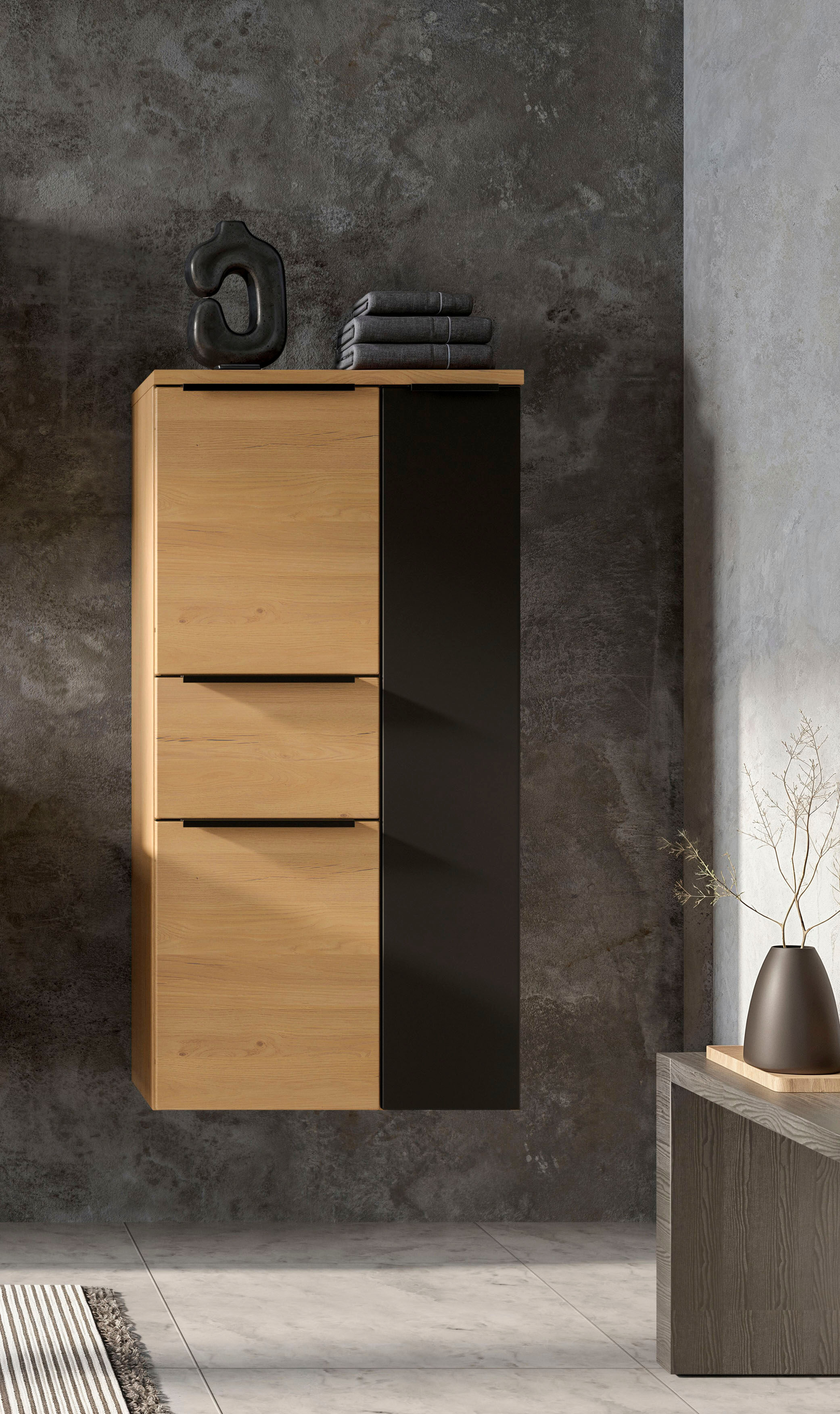 Midischrank WELLTIME "MAILAND, Softclose-Auszug, gedämpfte Scharniere, hochwertiges MDF", braun (wildeiche, matt schwarz), B:65cm H:130cm T:35cm, MDF, Schränke, Midischrank, Wildeiche, gedämpfte Scharniere und Softclose-Auszug wildeiche, matt schwarz Wild