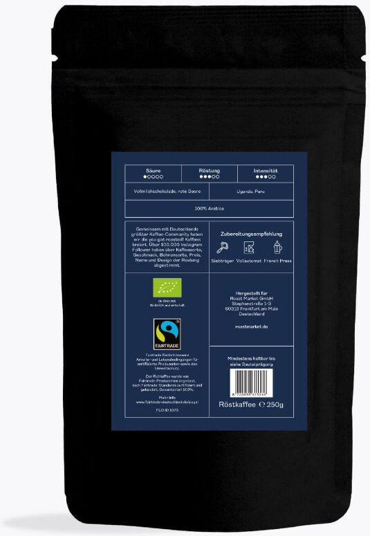 roastmarket you got roasted! Cafe Crema Creamylicious Bio 250 g   Ganze Bohne   Fairtrade Arabica Kaffee, Oeganda, Peru   Schokoladig Fruchtig