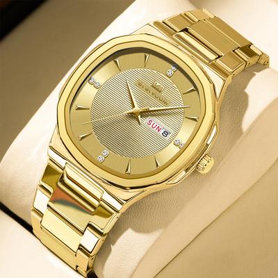 Youfap Market Gold Luxury Brand Men Rhinestone Watches, Stainless Steel Waterproof Quartz Movement Business Watch gold