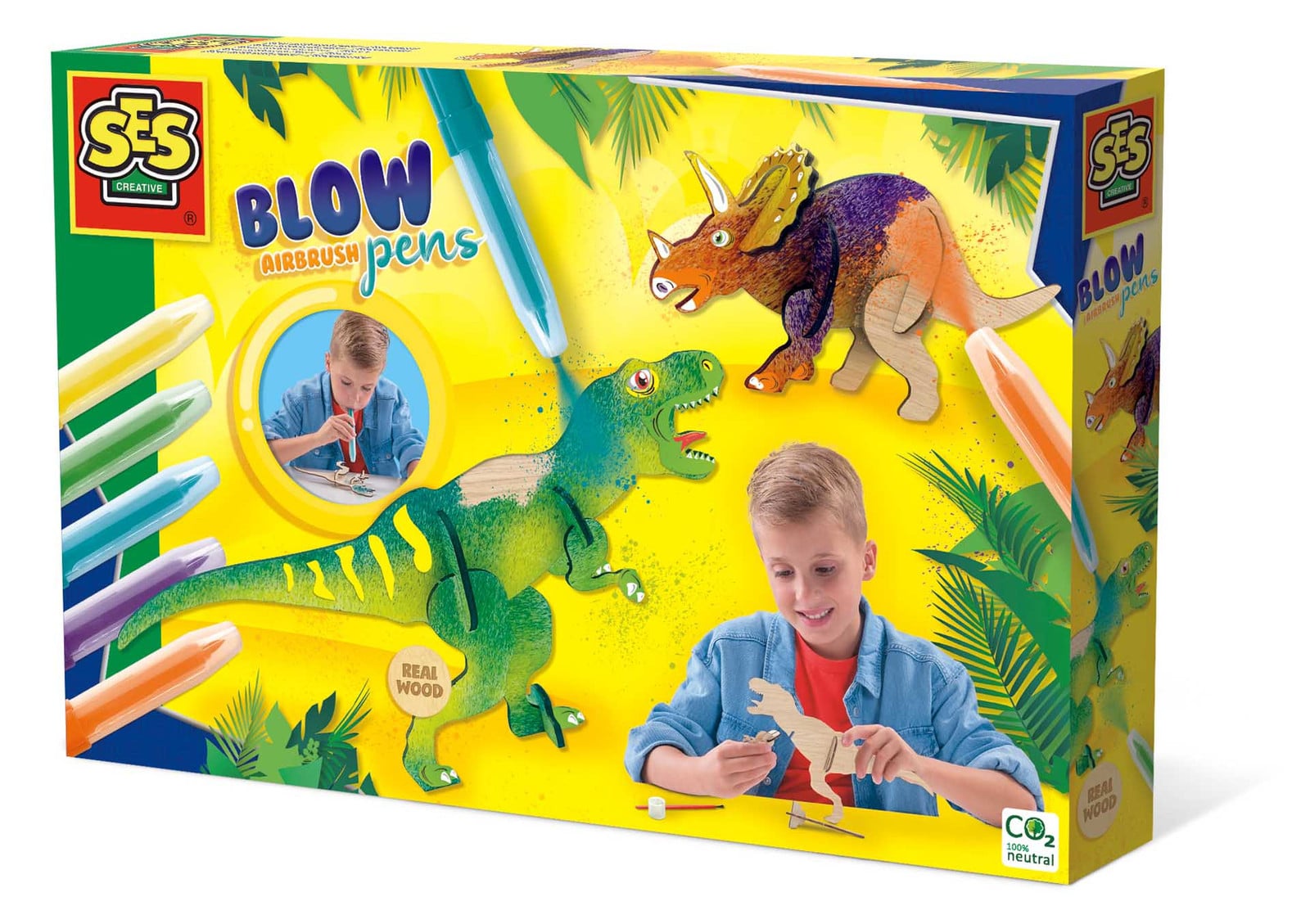 SES Creative Airbrush stiften Dinosaurussen met 5 kleuren in een kartonnen verpakking