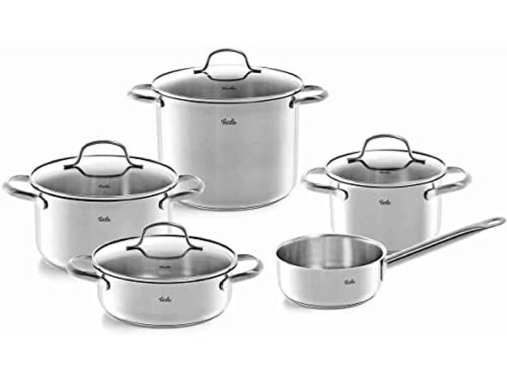 Fissler, San Francisco Topfset 5-teilig, Edelstahl, 3 Kochtöpfe, Bratentopf & Stielkasserolle mit Glasdeckeln, Superthermic Boden, Induktion