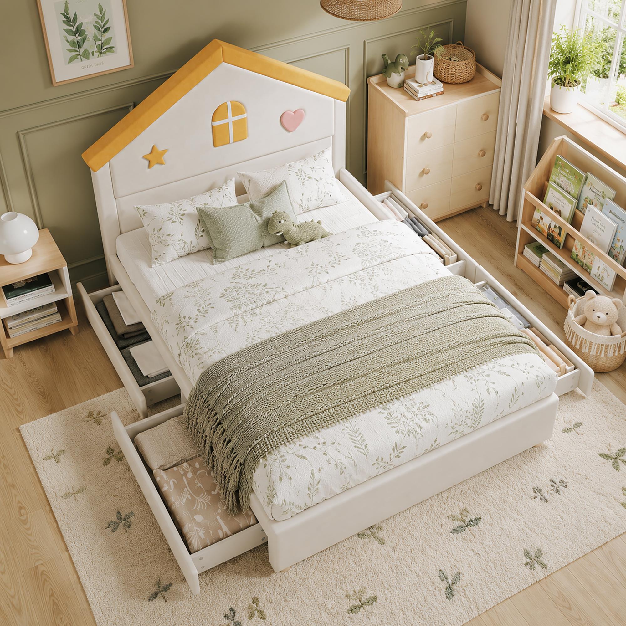 Kinderbett 140x200cm als gepolstertes Hausbett in Beige mit 4 Schubladen, französischem Samt und Haus-Kopfteil für das Kinderzimmer