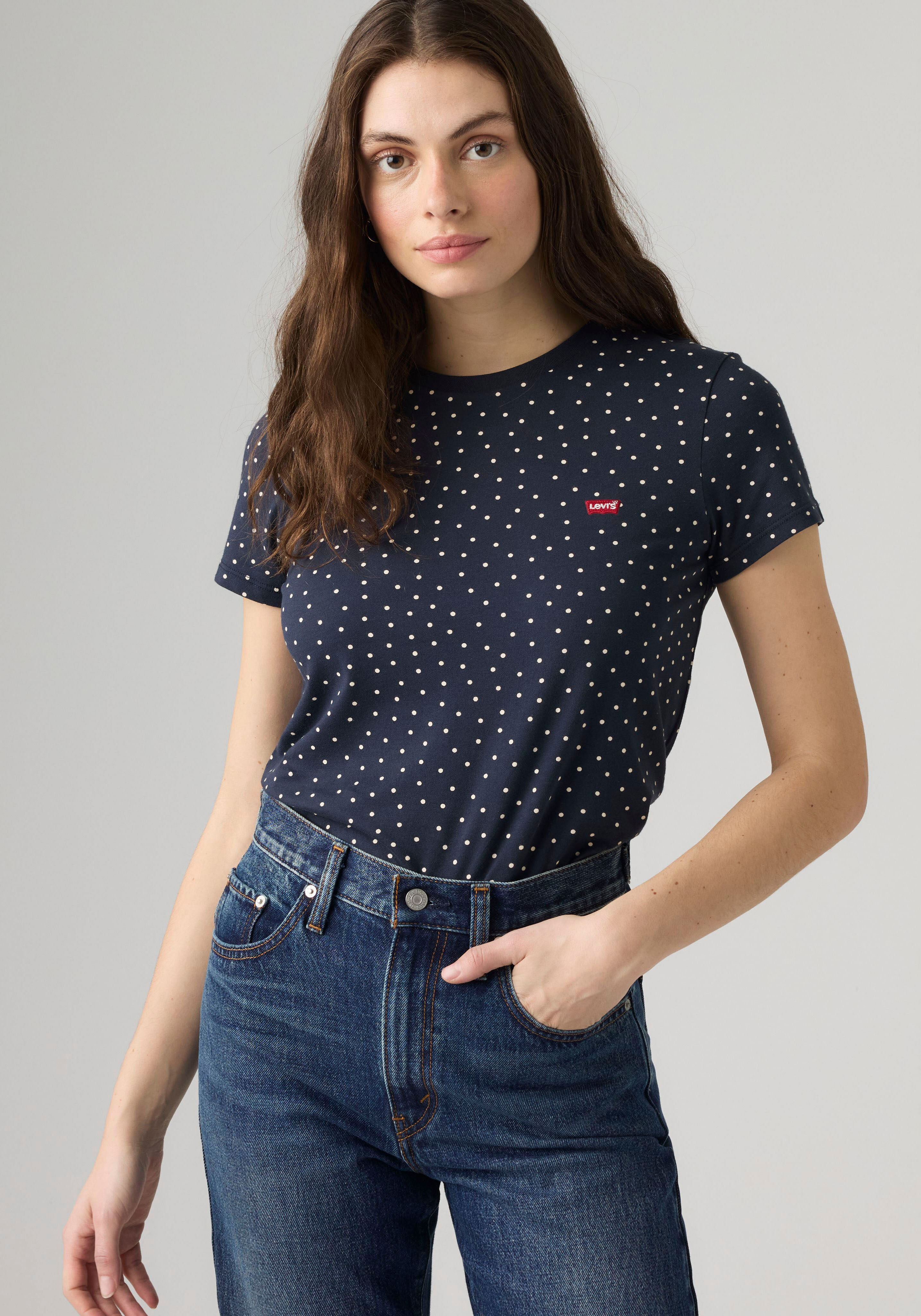 T-Shirt LEVI'S "PERFECT TEE", Damen, Gr. S (36), blau (inga dot spaced navy blazer jersey), Single Jersey, Obermaterial: 100% Baumwolle, regular fit normal, Rundhals, Shirts T-Shirt, mit All-Over Print inga dot spaced navy blazer jersey S (36)
