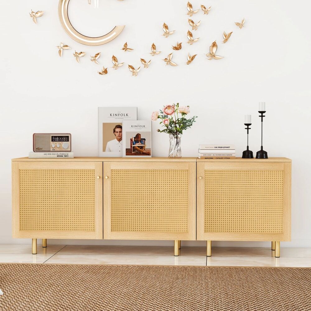 Urban Meuble Buffet effet bois en rotin 3 portes 180x40x63cm Beige 180x63x40cm