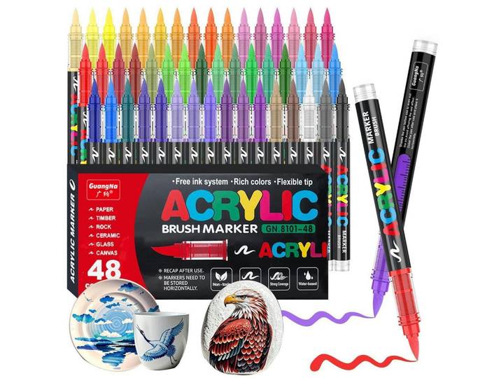 Acrylstifte 48er Set mit flexibler Pinselspitze, Mehrfarbig, Kunststoff, 2.6x14x31 cm, Dekoration, Malbedarf & Bastelbedarf