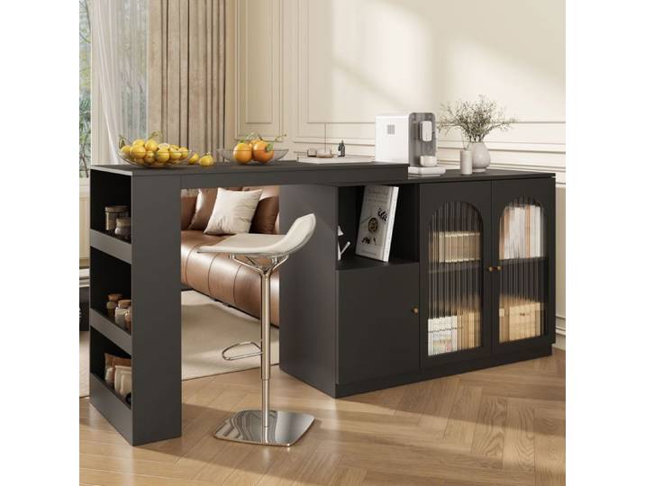Meuble bar pivotant - SOGEU - 120x40x97 cm - Pivotant 360° - Porte vitrée - Rangement multifonctionnel