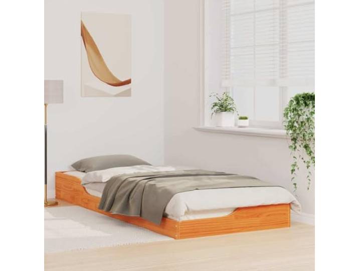 KTHLBRH Bettgestell Kiefer massiv 100 x 220 cm braun gewachst Niedriges Design, Metallverstärkungen, stabil, geeignet für moderne Räume